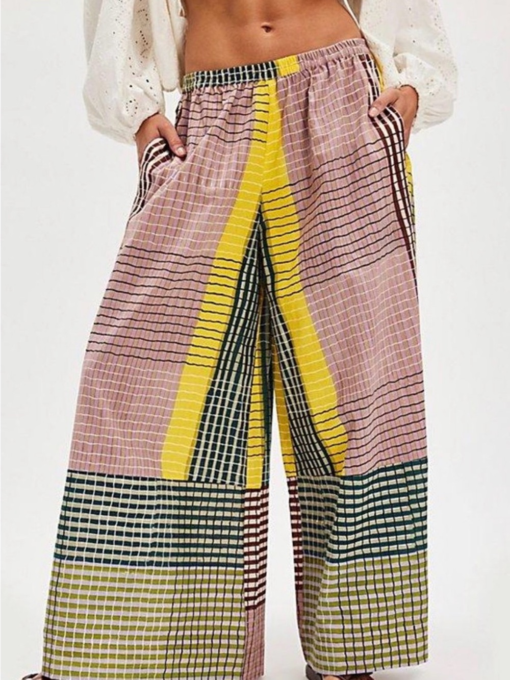 Free People Wide-Leg Checked Pants in Pink and Yellow